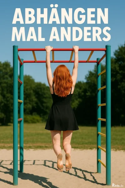 Eine junge Frau mit langen roten Haaren und einem schwarzen Kleid hängt mit beiden Händen an einer Turnstange eines bunten Klettergerüsts auf einem Spielplatz. Sie ist barfuß und mit dem Rücken zur Kamera zu sehen. Der Boden besteht aus Sand, im Hintergrund sind grüne Bäume und blauer Himmel sichtbar.