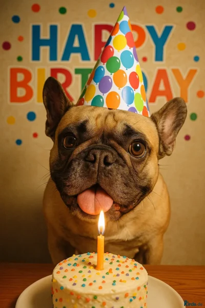 Im Mittelpunkt des Bildes steht eine niedliche französische Bulldogge, die eine bunte Geburtstagsparty feiert. Der Hund trägt eine spitze Partyhütchen mit einem fröhlichen Ballonmuster in verschiedenen Farben wie Orange, Blau, Grün und Lila. Direkt vor ihm steht ein kleiner, runder Geburtstagskuchen mit weißem Zuckerguss, der mit bunten Zuckerstreuseln dekoriert ist. In der Mitte des Kuchens brennt eine einzelne gelbe Geburtstagskerze. Der Hund schaut mit großen, runden Augen direkt in die Kamera und hat seine Zunge leicht herausgestreckt, was ihm einen besonders liebenswerten Ausdruck verleiht. Im Hintergrund ist eine Wand mit bunten Punkten dekoriert und der große Schriftzug "HAPPY BIRTHDAY" in kräftigen Farben – Blau, Orange, Rot und Grün – kündigt das festliche Ereignis an. Die Szene ist liebevoll arrangiert und strahlt Freude und Humor aus. Sie vermittelt das Gefühl, dass auch Haustiere ein fester Bestandteil von Familienfeiern sind und gebührend gefeiert werden.
