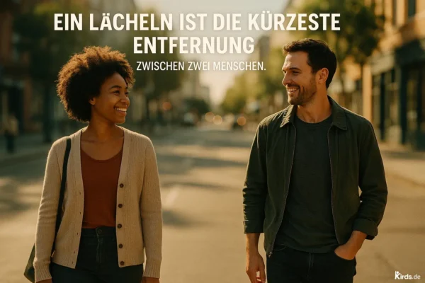 Zwei Menschen begegnen sich auf einer sonnigen, ruhigen Straße. Beide schauen sich an und lächeln herzlich. Die Frau trägt einen beigen Cardigan und ein braunes Oberteil, der Mann eine dunkelgrüne Jacke. Die Szene wirkt warm, freundlich und einladend – eine Momentaufnahme echter zwischenmenschlicher Verbindung.