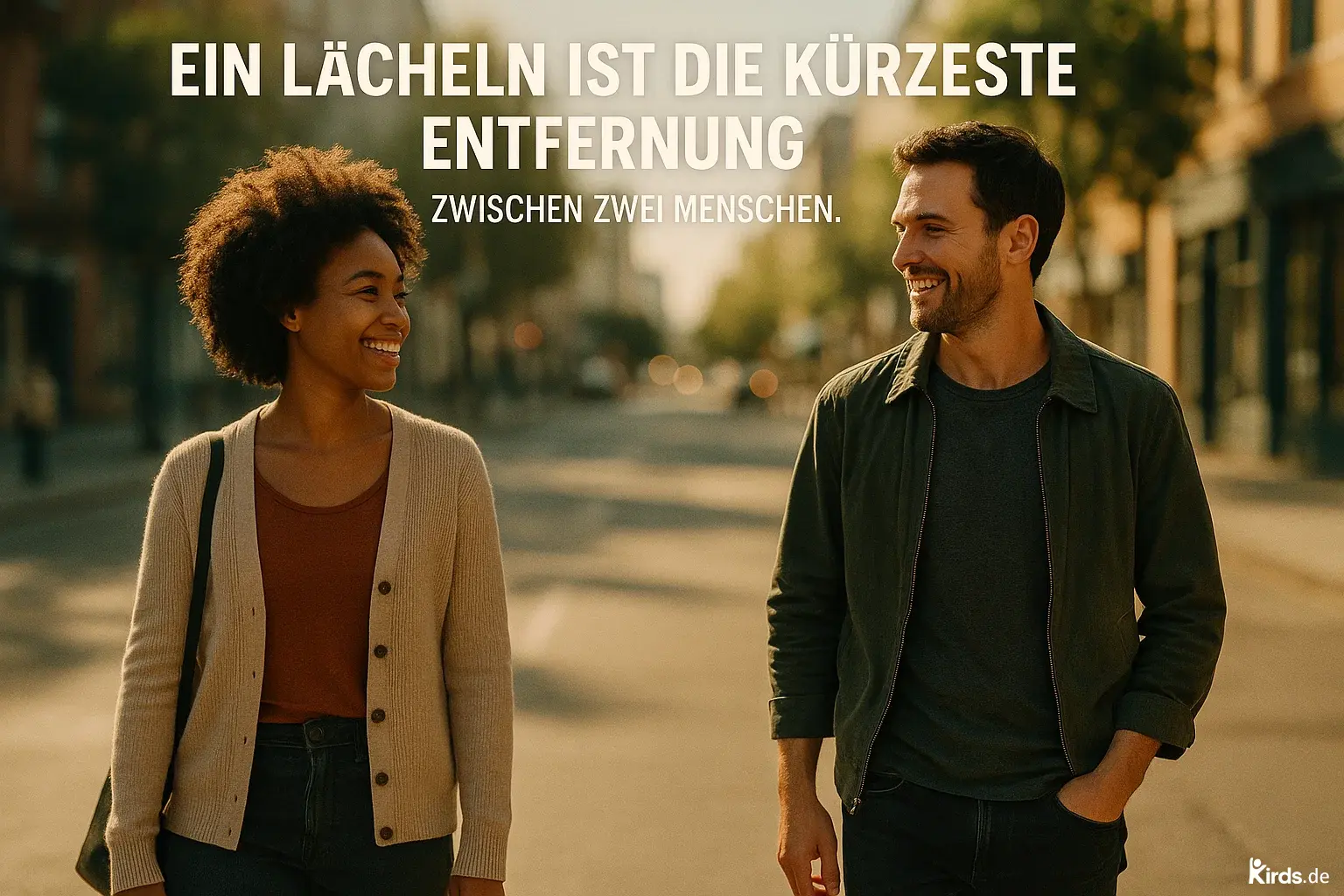 Zwei Menschen begegnen sich auf einer sonnigen, ruhigen Straße. Beide schauen sich an und lächeln herzlich. Die Frau trägt einen beigen Cardigan und ein braunes Oberteil, der Mann eine dunkelgrüne Jacke. Die Szene wirkt warm, freundlich und einladend – eine Momentaufnahme echter zwischenmenschlicher Verbindung.