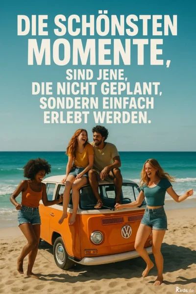 Dieses Spruch-Bild zeigt eine lebendige Szene am Strand: Vier junge Menschen genießen den Moment voller Freude und Unbeschwertheit. Ein klassischer orangefarbener VW Bulli steht im Sand, zwei Personen sitzen lachend darauf, während die anderen barfuß im Sand tanzen. Das Meer und der blaue Himmel im Hintergrund verstärken die Atmosphäre von Freiheit und Sommerglück.