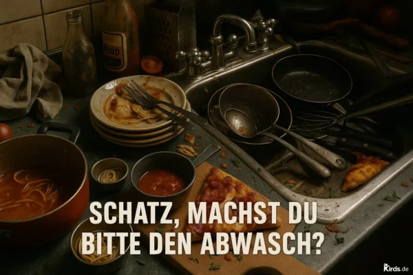 Dieses Spruch-Bild zeigt eine chaotische Küchenszene voller benutztem Geschirr und Essensreste. Im Vordergrund liegt eine angebissene Pizza-Scheibe auf einem Holzbrett, daneben stehen Schüsseln mit Tomatensauce und Spaghetti. Der Abwasch stapelt sich im Spülbecken, darunter schmutzige Teller, Töpfe, Pfannen und Besteck. Die Szene strahlt ein Gefühl von Alltagschaos und gelebtem Leben aus, perfekt passend zum humorvollen Spruch.