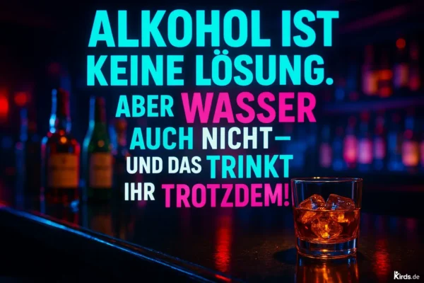 Dieses Spruch-Bild zeigt eine typische Barszene im Neonlicht. Im Vordergrund steht ein Glas mit einem alkoholischen Getränk und großen Eiswürfeln, platziert auf einem glänzenden Tresen. Im Hintergrund sind mehrere Flaschen Alkohol unscharf zu erkennen, die die Atmosphäre einer Bar oder eines Clubs unterstreichen. Der Spruchtext ist in auffälligen Neonfarben gehalten und zieht sofort die Aufmerksamkeit auf sich.