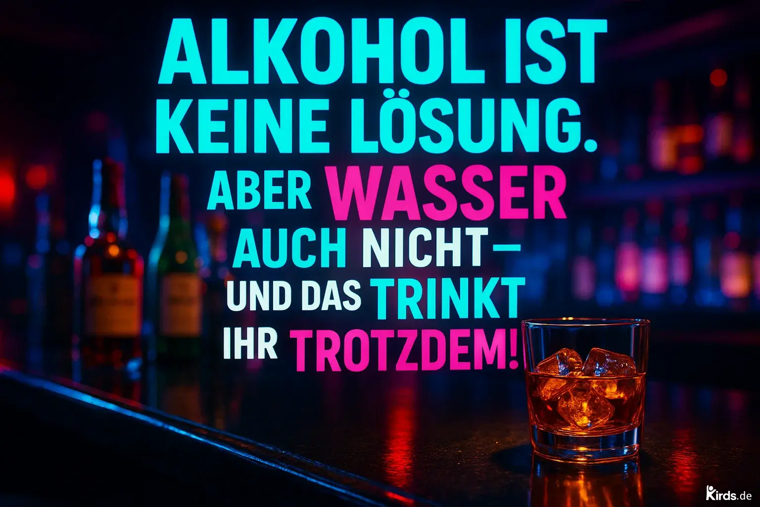 Dieses Spruch-Bild zeigt eine typische Barszene im Neonlicht. Im Vordergrund steht ein Glas mit einem alkoholischen Getränk und großen Eiswürfeln, platziert auf einem glänzenden Tresen. Im Hintergrund sind mehrere Flaschen Alkohol unscharf zu erkennen, die die Atmosphäre einer Bar oder eines Clubs unterstreichen. Der Spruchtext ist in auffälligen Neonfarben gehalten und zieht sofort die Aufmerksamkeit auf sich.