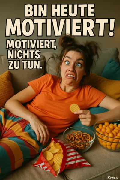 Eine junge Frau liegt entspannt auf einem Sofa, trägt ein orangefarbenes T-Shirt und eine bunte, gestreifte Hose. Ihr Gesichtsausdruck wirkt amüsiert überrascht. In der Hand hält sie eine Kartoffelchips-Scheibe. Vor ihr stehen Schüsseln mit Salzstangen, Käse-Snacks und einer geöffneten Chips-Tüte. Die Szene symbolisiert humorvoll einen faulen Tag voller Snacks und Nichtstun.