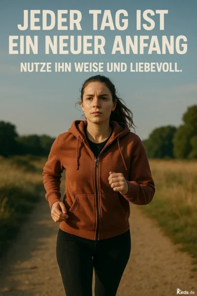 Dieses Spruch-Bild zeigt eine junge Frau beim Joggen auf einem Naturpfad. Sie trägt eine rostbraune Kapuzenjacke und schwarze Leggings. Ihr Blick ist fokussiert und entschlossen. Im Hintergrund ist ein klarer Himmel und eine grüne, leicht verschwommene Landschaft mit Bäumen zu sehen, die Ruhe und Weite ausstrahlt.