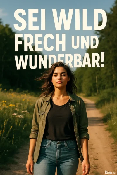 Das Spruch-Bild zeigt eine selbstbewusst wirkende junge Frau auf einem Naturweg, umgeben von sommerlichen Wildblumen und Bäumen. Ihr entschlossener Blick und die leichte Bewegung im Haar unterstreichen die Aussage des Spruchs – sie verkörpert Freiheit, Stärke und Natürlichkeit.