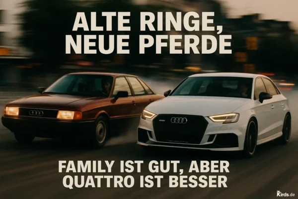 Zwei Audi-Fahrzeuge fahren dynamisch nebeneinander: Links ein älteres, rotbraunes Audi-Modell aus den 80er- oder 90er-Jahren, rechts ein modernes, weißes Audi-Modell mit sportlichem Design. Beide Autos sind in Bewegung und wirken durch die Bewegungsunschärfe besonders schnell. Der Fokus liegt auf dem Vergleich zwischen alt und neu, unterstrichen durch das ikonische Audi-Logo auf beiden Fahrzeugen. Die Lichtverhältnisse deuten auf frühe Abendstunden hin.