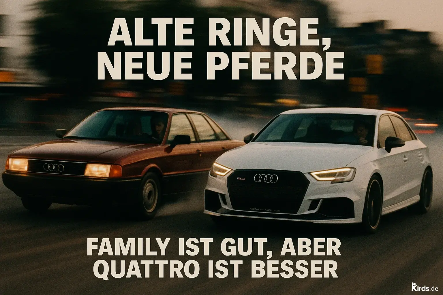 Zwei Audi-Fahrzeuge fahren dynamisch nebeneinander: Links ein älteres, rotbraunes Audi-Modell aus den 80er- oder 90er-Jahren, rechts ein modernes, weißes Audi-Modell mit sportlichem Design. Beide Autos sind in Bewegung und wirken durch die Bewegungsunschärfe besonders schnell. Der Fokus liegt auf dem Vergleich zwischen alt und neu, unterstrichen durch das ikonische Audi-Logo auf beiden Fahrzeugen. Die Lichtverhältnisse deuten auf frühe Abendstunden hin.