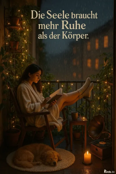 Eine junge Frau sitzt im Bademantel auf einem kleinen, stimmungsvoll beleuchteten Balkon. Sie liest entspannt ein Buch, während draußen leise der Regen fällt. Umgeben ist sie von Pflanzen und kleinen Lichterketten. Neben ihr liegt ein schlafender Hund auf einem runden Teppich. Auf dem Tisch stehen eine Tasse und eine brennende Kerze. Rechts daneben ist ein alter Plattenspieler zu sehen. Die Szene wirkt ruhig, warm und geborgen – ein Ort der inneren Einkehr.