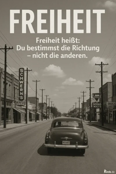Das Bild zeigt ein klassisches Auto aus der Mitte des 20. Jahrhunderts, das auf einer leeren, schnurgeraden Straße durch eine kleine Stadt fährt. Die Perspektive ist von hinten, sodass das Fahrzeug in Richtung Horizont unterwegs ist. Links und rechts der Straße stehen alte Geschäftshäuser mit gut sichtbaren Reklameschildern. Strommasten begleiten den Straßenverlauf. Die Szene wirkt nostalgisch, ruhig und symbolisiert einen klaren, selbstbestimmten Weg.