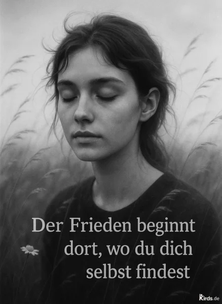 Dieses Spruch-Bild zeigt eine junge Frau mit geschlossenen Augen in einem Feld. Ihr Gesichtsausdruck ist ruhig und nachdenklich, was die Thematik von innerem Frieden und Selbstfindung visuell unterstützt. Das Motiv ist in Schwarzweiß gehalten, wodurch eine meditative, fast zeitlose Atmosphäre entsteht. Das hohe Gras rund um die Frau und die einzige sichtbare Blume verstärken die Verbindung zur Natur und inneren Stille.