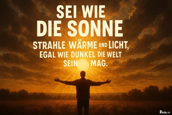 Dieses Spruch-Bild zeigt einen Menschen mit ausgebreiteten Armen, der vor einem spektakulären Sonnenuntergang steht. Die Sonne ist zentral im Bild positioniert und strahlt durch dramatische Wolkenformationen, die den Himmel in ein warmes, goldenes Licht tauchen. Die Szenerie wirkt friedlich und kraftvoll zugleich, ein Sinnbild für Hoffnung und innere Stärke.