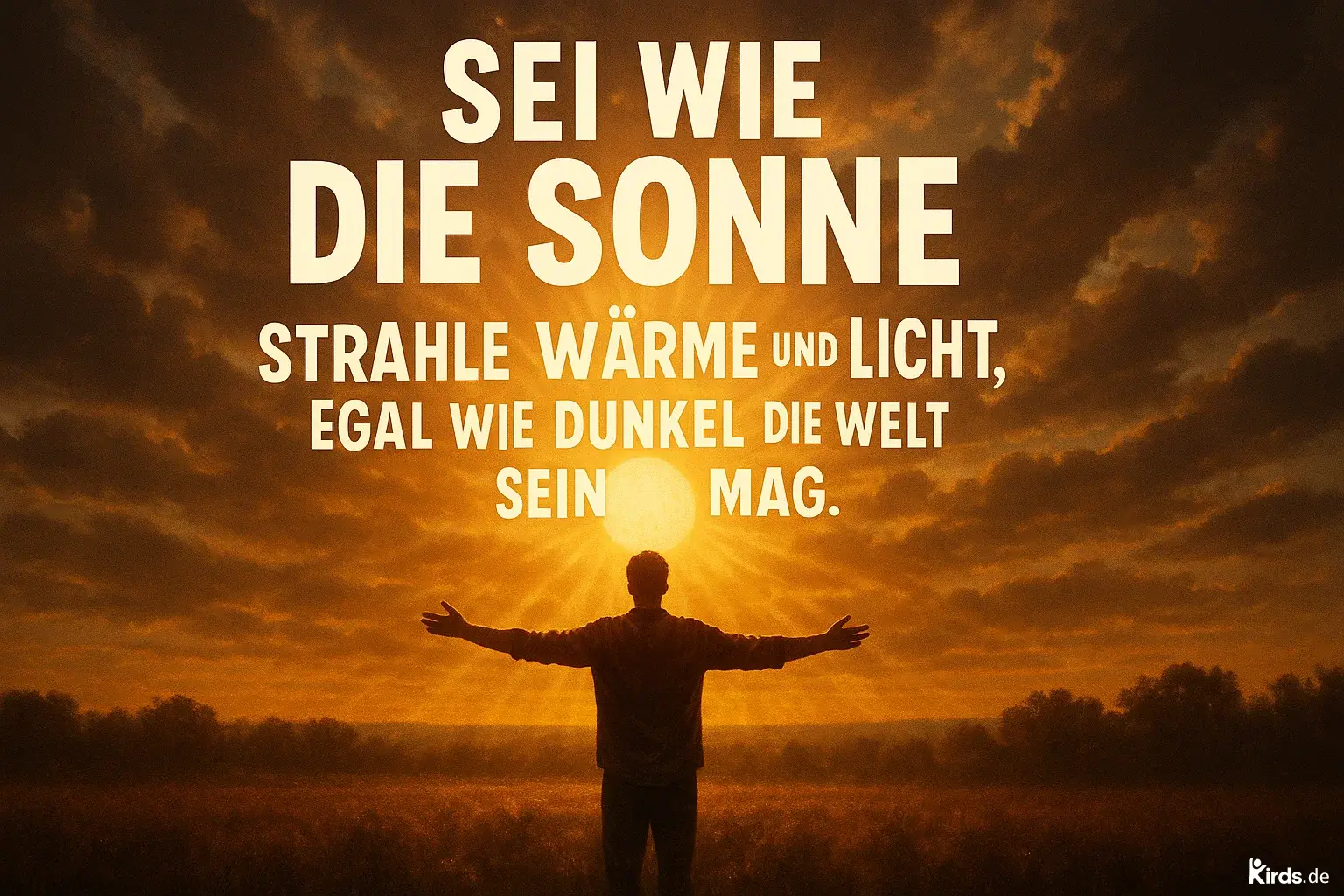 Dieses Spruch-Bild zeigt einen Menschen mit ausgebreiteten Armen, der vor einem spektakulären Sonnenuntergang steht. Die Sonne ist zentral im Bild positioniert und strahlt durch dramatische Wolkenformationen, die den Himmel in ein warmes, goldenes Licht tauchen. Die Szenerie wirkt friedlich und kraftvoll zugleich, ein Sinnbild für Hoffnung und innere Stärke.