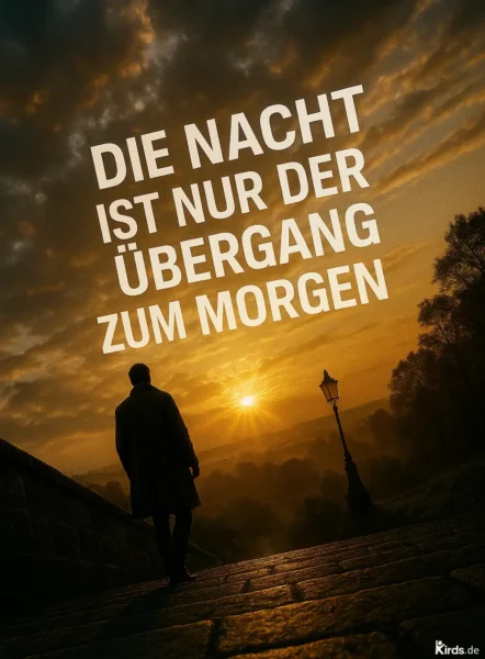 Dieses Spruch-Bild zeigt eine stimmungsvolle Szene im warmen Licht der aufgehenden Sonne. Ein einzelner Mann in einem langen Mantel läuft auf einem gepflasterten Weg einer Laterne entgegen, die leicht geneigt am Wegesrand steht. Die Sonne strahlt hell am Horizont, während der Himmel von dramatischen Wolken durchzogen ist und die Landschaft im Hintergrund in sanftem Nebel liegt. Ein Bild voller Symbolik für Übergang, Hoffnung und einen neuen Anfang.