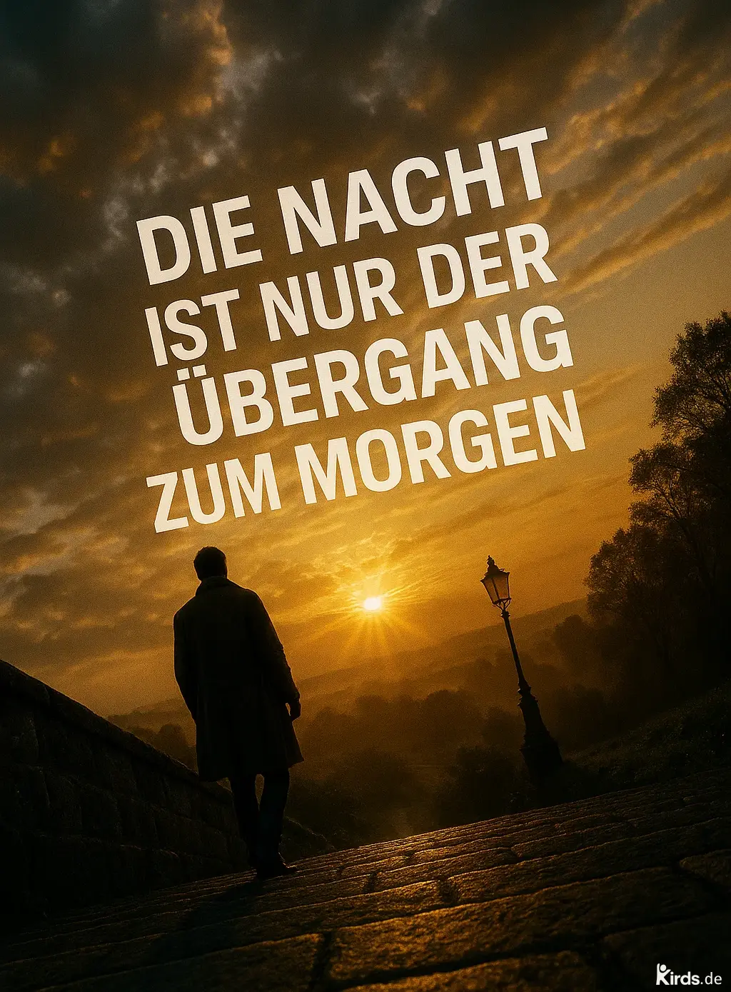 Dieses Spruch-Bild zeigt eine stimmungsvolle Szene im warmen Licht der aufgehenden Sonne. Ein einzelner Mann in einem langen Mantel läuft auf einem gepflasterten Weg einer Laterne entgegen, die leicht geneigt am Wegesrand steht. Die Sonne strahlt hell am Horizont, während der Himmel von dramatischen Wolken durchzogen ist und die Landschaft im Hintergrund in sanftem Nebel liegt. Ein Bild voller Symbolik für Übergang, Hoffnung und einen neuen Anfang.