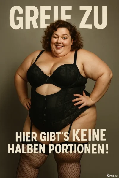 Dieses Spruch-Bild zeigt eine selbstbewusste, kurvige Frau in schwarzer Dessous-Kleidung. Sie steht frontal zur Kamera, hat eine Hand in die Taille gestemmt und zwinkert charmant. Ihre Körperhaltung und Mimik strahlen Humor, Stolz und Selbstliebe aus.