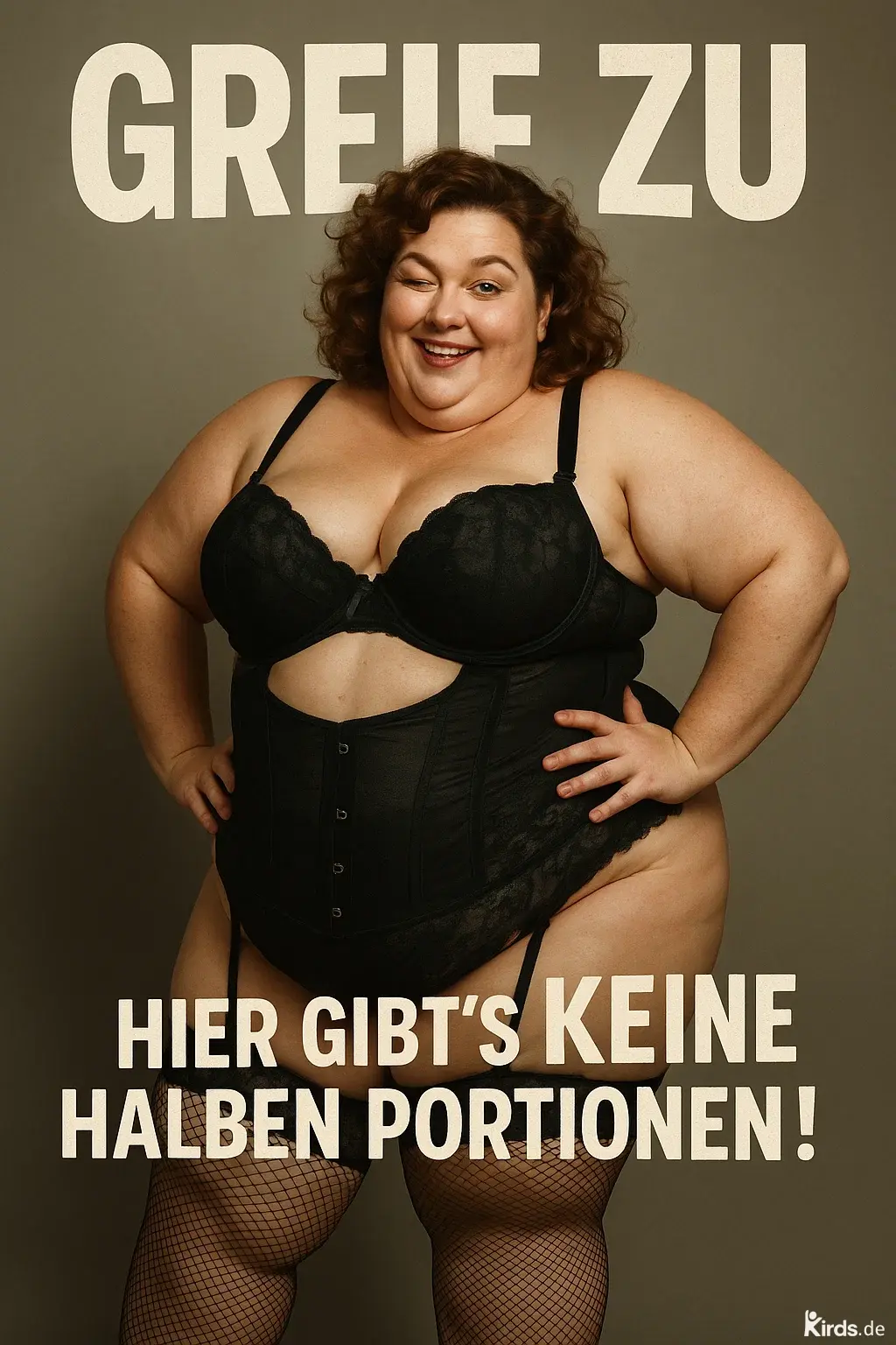 Dieses Spruch-Bild zeigt eine selbstbewusste, kurvige Frau in schwarzer Dessous-Kleidung. Sie steht frontal zur Kamera, hat eine Hand in die Taille gestemmt und zwinkert charmant. Ihre Körperhaltung und Mimik strahlen Humor, Stolz und Selbstliebe aus.