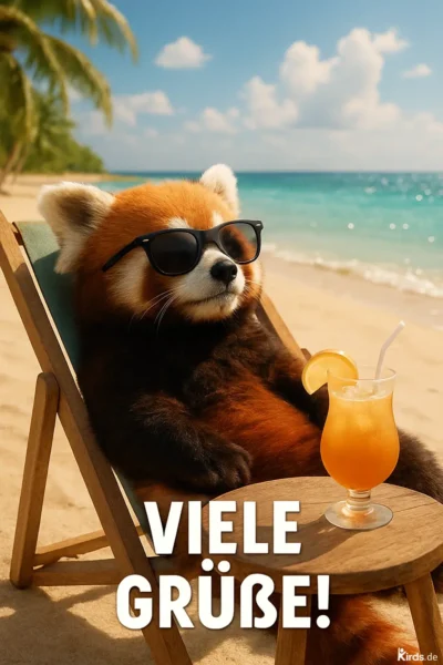 Dieses Spruch-Bild zeigt einen entspannten roten Panda, der lässig in einem Liegestuhl am sonnigen Sandstrand sitzt. Der Panda trägt eine stylische schwarze Sonnenbrille und lehnt sich zurück, als würde er den Moment vollkommen genießen. Auf einem kleinen Holztisch neben ihm steht ein Cocktailglas mit einem orangefarbenen Drink, Eiswürfeln, einer Orangenscheibe und einem weißen Trinkhalm. Im Hintergrund ist das türkisfarbene Meer zu sehen, darüber ein blauer Himmel mit vereinzelten weißen Wolken. Die Szene strahlt Entspannung, Urlaub und Lebensfreude aus.