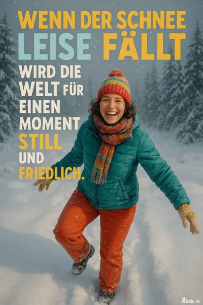 Dieses Spruch-Bild strahlt Lebensfreude und winterliche Leichtigkeit aus: Eine lachende Frau mit bunter Mütze und Schal läuft fröhlich durch den frisch gefallenen Schnee. Ihr Gesichtsausdruck ist von Freude und Unbeschwertheit geprägt, während der Schnee leise fällt und den Wald im Hintergrund in eine ruhige, friedliche Kulisse verwandelt.