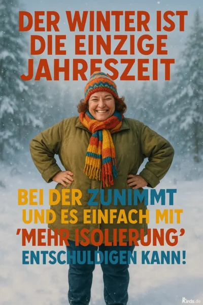 Eine fröhliche Frau steht im verschneiten Wald. Sie trägt eine bunte Strickmütze und einen farbenfrohen Schal in Rot, Gelb und Blau. Ihre dicke grüne Winterjacke unterstreicht das Thema „Isolierung“. Die Frau lacht herzlich und vermittelt Lebensfreude. Im Hintergrund sind schneebedeckte Tannen zu sehen, die eine winterlich-festliche Stimmung erzeugen.