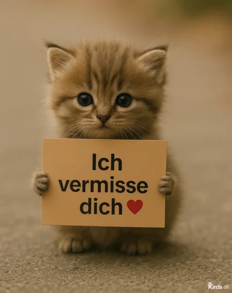 Dieses Spruch-Bild zeigt ein flauschiges, braun-goldenes Kätzchen mit großen, runden Augen. Es sitzt auf einer leicht verschwommenen, grauen Fläche und hält mit seinen kleinen Pfötchen ein braunes Schild fest. Auf dem Schild steht in schwarzer Schrift „Ich vermisse dich“ mit einem roten Herzsymbol darunter. Die Haltung und der Blick der Katze unterstreichen den liebevollen und sehnsuchtsvollen Ton des Spruchs.