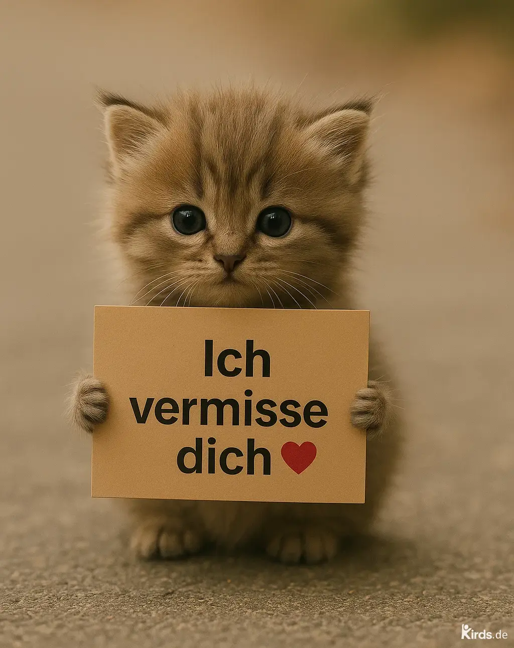 Dieses Spruch-Bild zeigt ein flauschiges, braun-goldenes Kätzchen mit großen, runden Augen. Es sitzt auf einer leicht verschwommenen, grauen Fläche und hält mit seinen kleinen Pfötchen ein braunes Schild fest. Auf dem Schild steht in schwarzer Schrift „Ich vermisse dich“ mit einem roten Herzsymbol darunter. Die Haltung und der Blick der Katze unterstreichen den liebevollen und sehnsuchtsvollen Ton des Spruchs.
