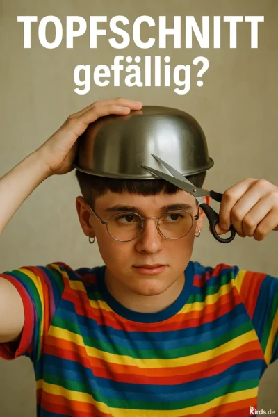 Dieses Spruch-Bild zeigt eine humorvolle Szene: Eine Person mit ernstem Gesichtsausdruck trägt eine Metallschüssel auf dem Kopf und hält eine Schere in der Hand, bereit für einen improvisierten Haarschnitt. Bekleidet ist sie mit einem auffälligen, bunt gestreiften Regenbogen-T-Shirt, das die fröhliche und ironische Stimmung des Bildes unterstreicht. Die Person trägt eine runde Brille, was dem Bild zusätzlich einen Retro-Charme verleiht.