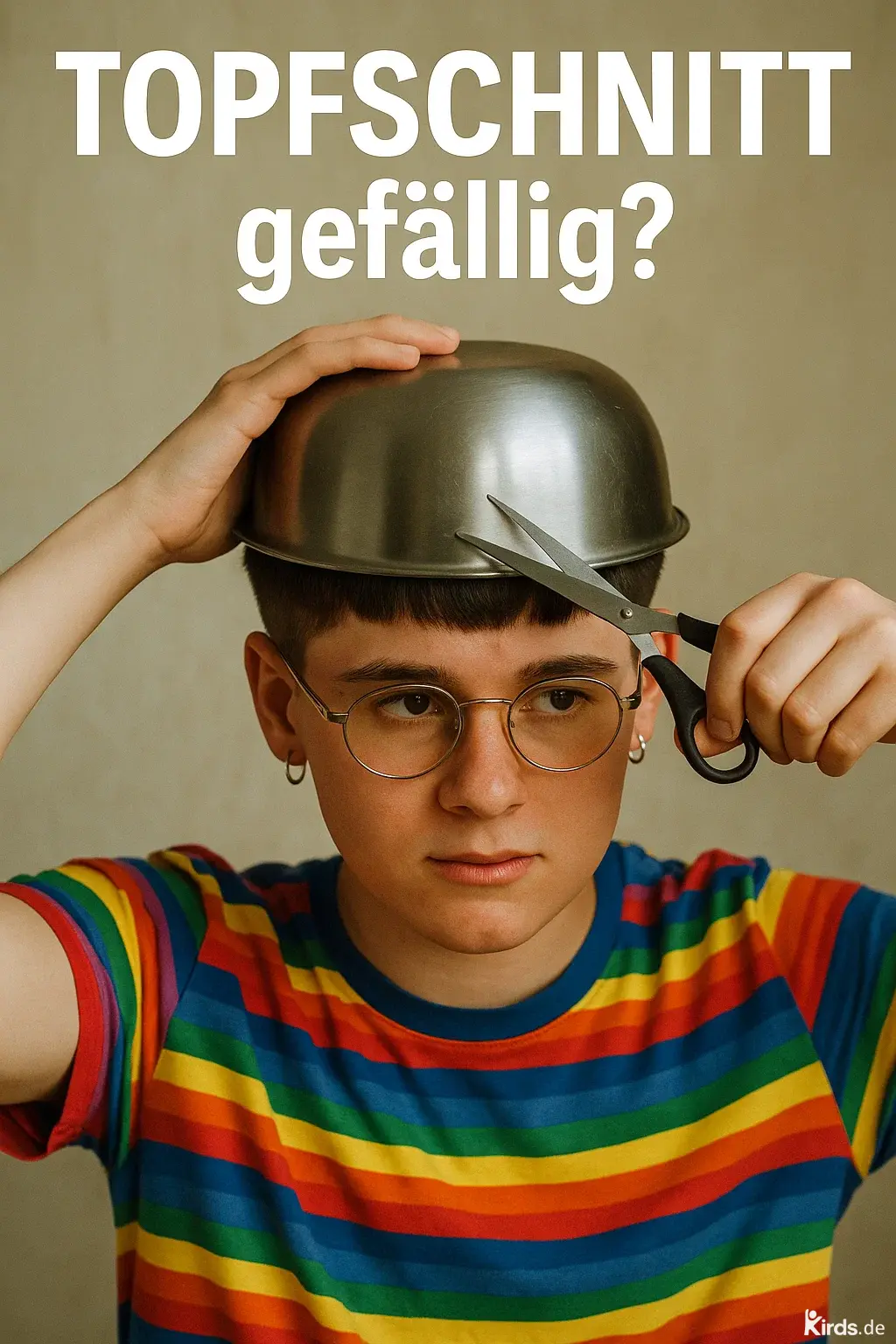 Dieses Spruch-Bild zeigt eine humorvolle Szene: Eine Person mit ernstem Gesichtsausdruck trägt eine Metallschüssel auf dem Kopf und hält eine Schere in der Hand, bereit für einen improvisierten Haarschnitt. Bekleidet ist sie mit einem auffälligen, bunt gestreiften Regenbogen-T-Shirt, das die fröhliche und ironische Stimmung des Bildes unterstreicht. Die Person trägt eine runde Brille, was dem Bild zusätzlich einen Retro-Charme verleiht.