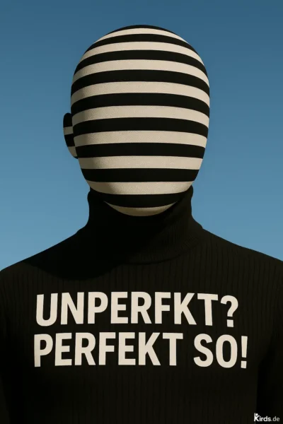 Das Spruch-Bild zeigt eine minimalistische und künstlerische Darstellung: Eine Person trägt einen schwarzen Rollkragenpullover mit dem weißen Aufdruck „UNPERFEKT? PERFEKT SO!“. Das Gesicht ist vollständig von einem Stoff mit schwarz-weißen Querstreifen bedeckt, was Individualität und die Ablehnung von Konformität symbolisiert. Der Hintergrund ist ein klarer blauer Himmel, der Ruhe und Klarheit vermittelt.