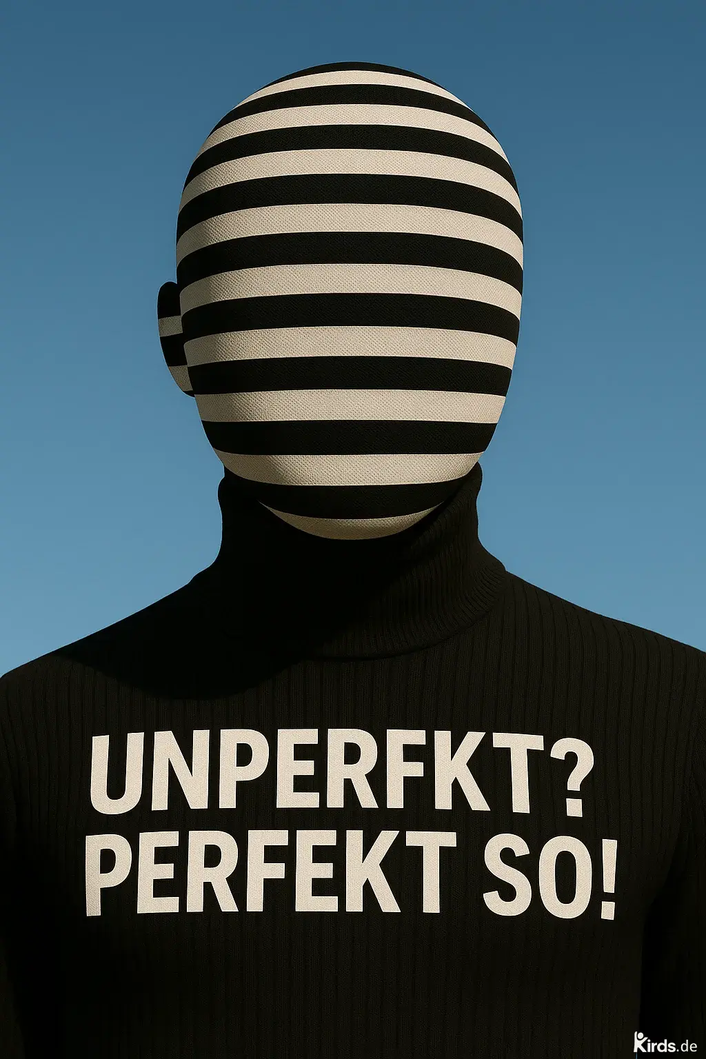 Das Spruch-Bild zeigt eine minimalistische und künstlerische Darstellung: Eine Person trägt einen schwarzen Rollkragenpullover mit dem weißen Aufdruck „UNPERFEKT? PERFEKT SO!“. Das Gesicht ist vollständig von einem Stoff mit schwarz-weißen Querstreifen bedeckt, was Individualität und die Ablehnung von Konformität symbolisiert. Der Hintergrund ist ein klarer blauer Himmel, der Ruhe und Klarheit vermittelt.