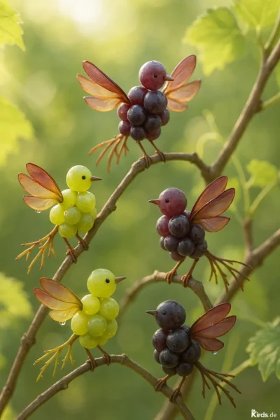 Dieses Spruch-Bild ist kreativ und spielerisch gestaltet: Vier kleine Vögel sitzen auf einem Zweig, geformt aus roten und grünen Weintrauben. Ihre Flügel bestehen aus filigranen Blättern in warmen Farbtönen, die an Herbstlaub erinnern. Die Beine und Schnäbel sind aus dünnen Ästen gefertigt. Die Vögel wirken lebendig und fröhlich, als würden sie gleich davonfliegen. Ein inspirierendes Bild voller Leichtigkeit und Kreativität.