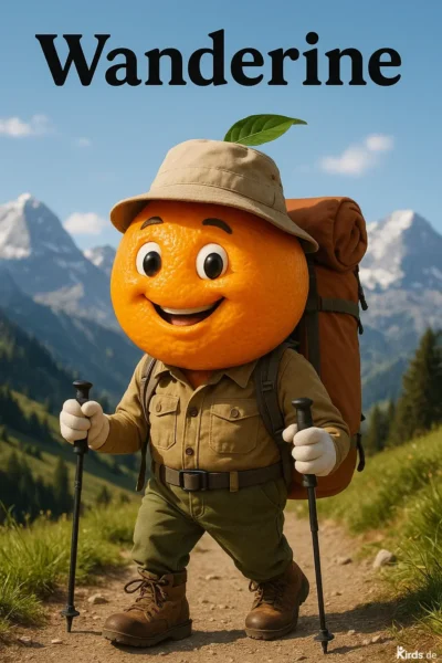 Dieses Spruch-Bild ist verspielt und kreativ: Eine freundliche, anthropomorphe Mandarine mit großen Kulleraugen, einem Safari-Hut, Wanderkleidung und Trekkingstöcken steht lächelnd auf einem Bergpfad. Auf dem Rücken trägt sie einen großen orangefarbenen Rucksack. Im Hintergrund erstrecken sich alpine Berglandschaften mit Nadelbäumen und schneebedeckten Gipfeln – eine ideale Kulisse für eine Wanderung.