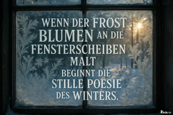 Dieses Spruch-Bild fängt die stille Magie eines frostigen Wintermorgens ein: Auf einer vereisten Fensterscheibe sind kunstvolle Eisblumen zu sehen, die im sanften Licht der aufgehenden Sonne leuchten. Im Hintergrund erkennt man eine verschneite Waldlandschaft, die den Moment der Ruhe und Besinnlichkeit perfekt unterstreicht.