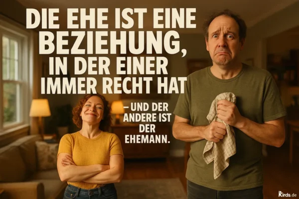 Dieses Spruch-Bild ist humorvoll und ausdrucksstark: Eine selbstbewusst lächelnde Frau steht mit verschränkten Armen neben einem sichtlich verunsicherten Mann, der ein Geschirrtuch hält und traurig dreinschaut – eine perfekte visuelle Metapher für den Spruch über Ehe und das gefühlte Ungleichgewicht in Diskussionen.