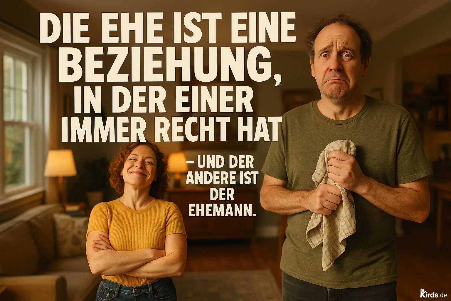 Dieses Spruch-Bild ist humorvoll und ausdrucksstark: Eine selbstbewusst lächelnde Frau steht mit verschränkten Armen neben einem sichtlich verunsicherten Mann, der ein Geschirrtuch hält und traurig dreinschaut – eine perfekte visuelle Metapher für den Spruch über Ehe und das gefühlte Ungleichgewicht in Diskussionen.