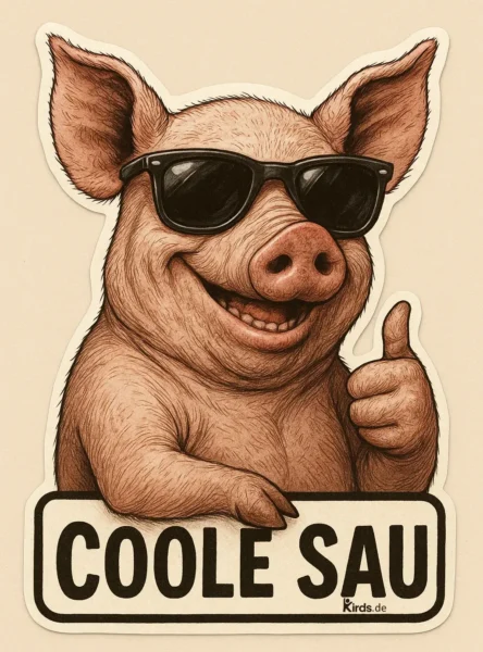 Ein lachendes Schwein mit menschlichen Zügen trägt eine schwarze Sonnenbrille und zeigt mit einem Finger den Daumen nach oben. Das Schwein wirkt entspannt, selbstsicher und frech. Unter dem Tier steht in großen Buchstaben der Spruch „COOLE SAU“, eingerahmt in einem retroähnlichen Schild. Das gesamte Bild hat einen warmen Beigeton im Hintergrund und eine stilisierte, leicht karikaturhafte Optik.