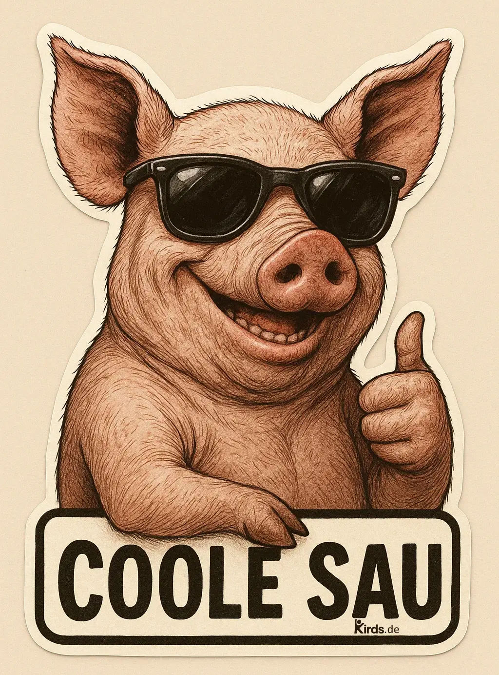 Ein lachendes Schwein mit menschlichen Zügen trägt eine schwarze Sonnenbrille und zeigt mit einem Finger den Daumen nach oben. Das Schwein wirkt entspannt, selbstsicher und frech. Unter dem Tier steht in großen Buchstaben der Spruch „COOLE SAU“, eingerahmt in einem retroähnlichen Schild. Das gesamte Bild hat einen warmen Beigeton im Hintergrund und eine stilisierte, leicht karikaturhafte Optik.