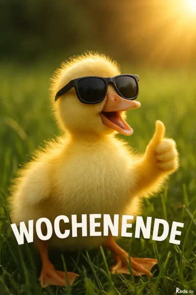 Dieses Spruch-Bild ist charmant und voller Lebensfreude: Ein fröhliches gelbes Entenküken trägt eine coole schwarze Sonnenbrille, streckt den Daumen nach oben und wirkt, als wäre es bereit für ein perfektes Wochenende. Die Szene spielt auf einer sonnigen Sommerwiese im warmen Licht des Sonnenuntergangs.