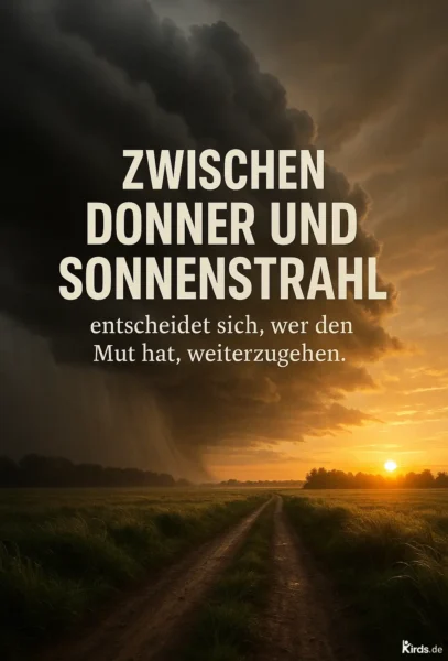 Dieses Spruch-Bild zeigt eine eindrucksvolle Naturkulisse: Ein schmaler, matschiger Feldweg führt durch eine weite, grüne Wiesenlandschaft. Am linken Bildrand türmen sich dunkle, bedrohliche Gewitterwolken auf, während am rechten Horizont die Sonne untergeht und den Himmel in warmen Gold- und Orangetönen färbt. Die Szene symbolisiert den Kontrast zwischen Bedrohung und Hoffnung, zwischen Sturm und Licht.