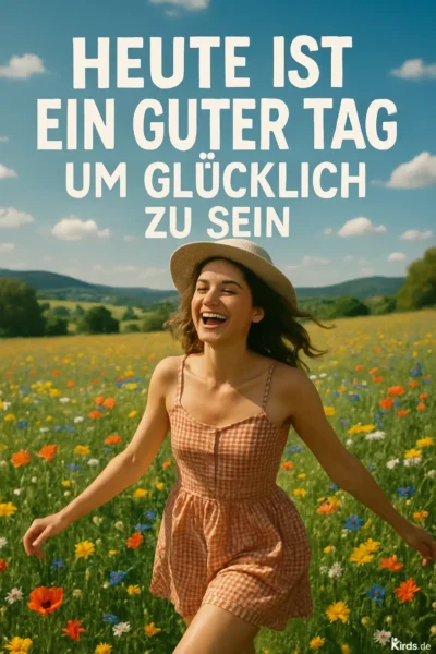 Eine junge Frau läuft lachend durch eine bunte Blumenwiese. Sie trägt ein rot-weiß kariertes Sommerkleid mit dünnen Trägern und einen beigen Strohhut. Ihr Gesicht ist von Freude erfüllt, die Haare wehen locker im Wind. Im Hintergrund erstreckt sich eine grüne Hügellandschaft unter einem strahlend blauen Himmel mit ein paar weißen Wolken. Das Bild strahlt Leichtigkeit, Sommergefühl und Lebensfreude aus.