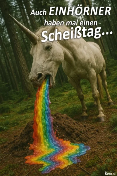 Dieses Spruch-Bild ist humorvoll und fantasievoll: Ein majestätisches, weißes Einhorn steht im Wald und „erbricht“ einen leuchtenden, glitzernden Regenbogen auf einen Erdhügel – eine skurrile, aber gleichzeitig charmante Metapher für die Tage, an denen einfach alles schief läuft.