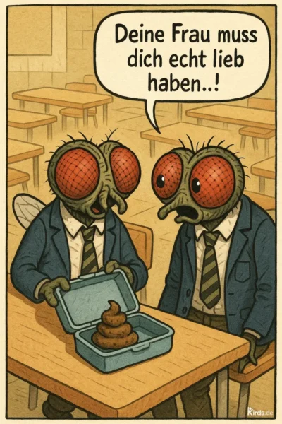 Zwei große Fliegen mit menschlichen Körpern und Anzügen sitzen in einem Klassenzimmer an einem Holztisch. Die eine Fliege öffnet eine Brotdose, in der sich ein gezeichneter Haufen Kot befindet. Die andere Fliege schaut erstaunt darauf und kommentiert mit dem Spruch „Deine Frau muss dich echt lieb haben...!“. Die Szene wirkt wie ein humorvoller Comic im Stil einer Karikatur mit skurrilem Arbeitstag.