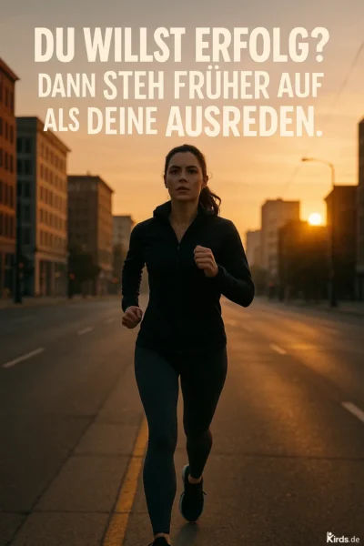 Dieses Spruch-Bild zeigt eine sportlich gekleidete Frau beim morgendlichen Joggen durch eine fast leere Innenstadt. Die Sonne geht gerade auf und wirft ein warmes, goldenes Licht auf die Szene. Die Frau wirkt entschlossen und fokussiert – ein Sinnbild für Motivation, Zielstrebigkeit und Disziplin.