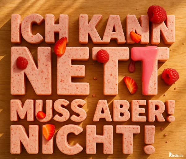 Dieses Spruch-Bild kombiniert Humor mit einer frischen, auffälligen Gestaltung: Die Worte bestehen aus rosa gefärbten, dicken Buchstaben im 3D-Stil, die wie Erdbeer-Eis oder -Gebäck wirken. Darauf und dazwischen sind dekorativ frische Erdbeeren und Himbeeren verteilt. Der Buchstabe „T“ ist mit einer pinken Glasur überzogen, was dem Ganzen eine spielerische Note verleiht. Der Spruch liegt auf einer hellen Holzfläche und wirkt modern, frech und süß zugleich – ein perfekter Kontrast zum selbstbewussten Inhalt.