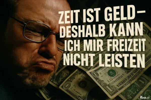 Dieses Spruch-Bild zeigt das grimmige Gesicht eines Mannes mit Brille vor einem Hintergrund aus vielen Dollarscheinen. Seine Mimik wirkt genervt oder verärgert, was die Ironie des Spruchs zusätzlich betont – ein visuell kraftvolles Bild für finanzielle Überforderung und Arbeitsfrust.