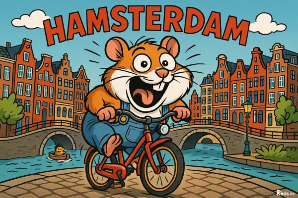 Dieses Spruch-Bild ist humorvoll und liebevoll illustriert: Ein fröhlicher Comic-Hamster in Latzhose fährt mit einem roten Fahrrad über eine typisch holländische Brücke. Im Hintergrund sieht man die berühmten Giebelhäuser Amsterdams sowie eine kleine Gracht mit einem Boot, auf dem ein weiterer Hamster mit einem Käselaib fährt – ein augenzwinkerndes Detail, das den Charme des Bildes unterstreicht.