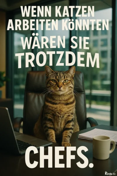 Eine selbstbewusste Katze sitzt majestätisch auf einem Chefsessel hinter einem modernen Schreibtisch im Büro. Vor ihr liegen ein Laptop, eine Kaffeetasse und einige Dokumente. Ihr ernster, fast arroganter Blick vermittelt Autorität – eine klare Anspielung darauf, dass Katzen von Natur aus Chefqualitäten besitzen.