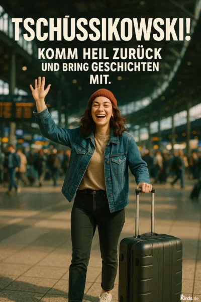 Dieses Spruch-Bild zeigt eine junge, fröhlich lachende Frau mit Koffer in der Hand, die auf einem belebten Bahnhof einem Abschied entgegenwinkt. Sie trägt eine Jeansjacke, dunkle Hose und eine rote Mütze. Ihr Gesichtsausdruck vermittelt pure Lebensfreude und Aufbruchsstimmung – perfekt passend zum Spruch „Schüssikowski!“.