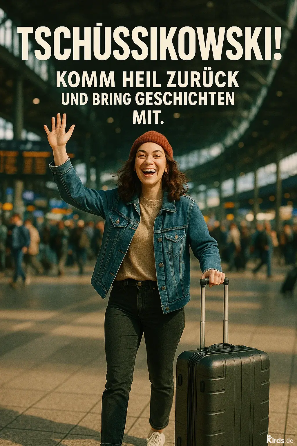 Dieses Spruch-Bild zeigt eine junge, fröhlich lachende Frau mit Koffer in der Hand, die auf einem belebten Bahnhof einem Abschied entgegenwinkt. Sie trägt eine Jeansjacke, dunkle Hose und eine rote Mütze. Ihr Gesichtsausdruck vermittelt pure Lebensfreude und Aufbruchsstimmung – perfekt passend zum Spruch „Schüssikowski!“.